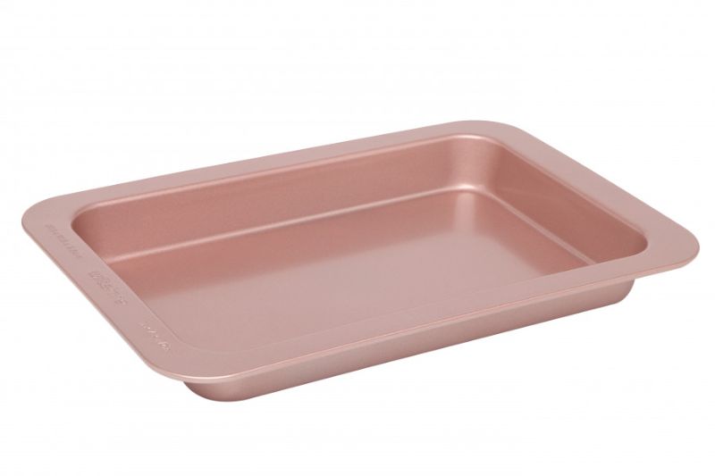 Wiltshire Rose Gold Slice Pan with non-stick surface, perfect for baking brownies and slices effortlessly, embossed measurements included.