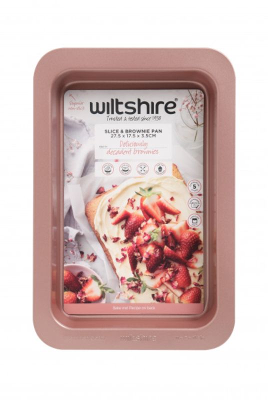 Wiltshire Rose Gold Slice Pan with non-stick surface and embossed measurements, perfect for baking brownies and slices.