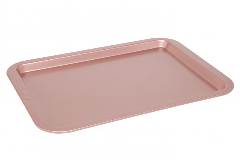 Wiltshire Rose Gold Cookie Sheet, versatile non-stick bakeware for cookies and cookie cakes, compact design, premium quality.