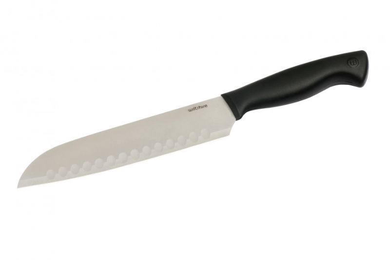 Wiltshire Santoku knife with 20cm stainless steel blade and anti-bacterial soft touch handle for safe and precise cutting.