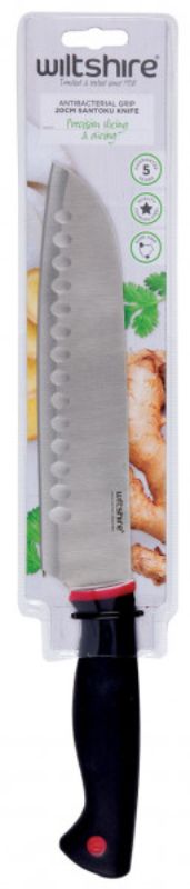 Wiltshire Santoku knife with 20cm stainless steel blade and soft touch anti-bacterial handle for safe, comfortable cutting.