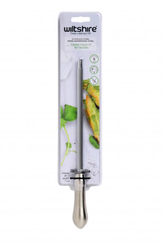 Wiltshire Sharpening Steel features a stainless steel design and ergonomic handle for effortless knife sharpening.