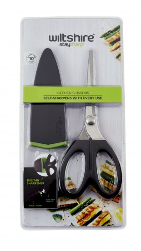 Wiltshire Staysharp Scissors with patented self-sharpening system, ergonomic handle, ideal for various kitchen tasks.