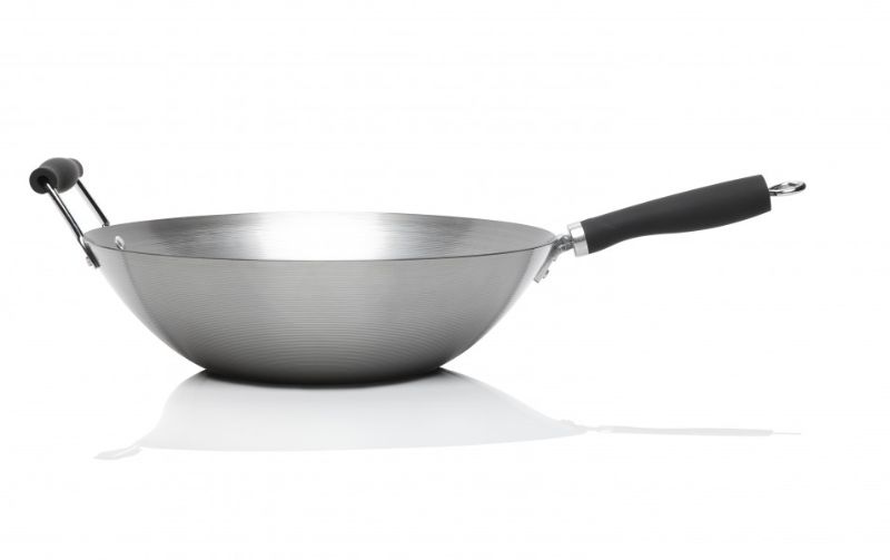 Stanley Rogers Classic 35cm Carbon Steel Wok in black for stable, quick heating and even cooking of Asian dishes.
