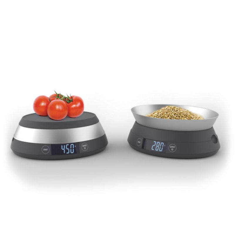 Joseph Joseph Switch Scale in Grey with integrated lid, LCD display, and multi-functional weighing options.
