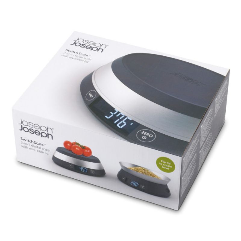 Joseph Joseph Switch Scale in Grey; digital scale with versatile measuring bowl, back-lit display, and add & weigh function.