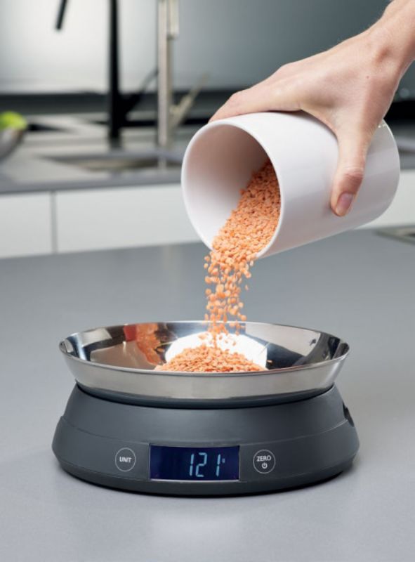 Joseph Joseph Switch Scale in Grey, versatile digital scale with measuring bowl and intuitive touch controls.