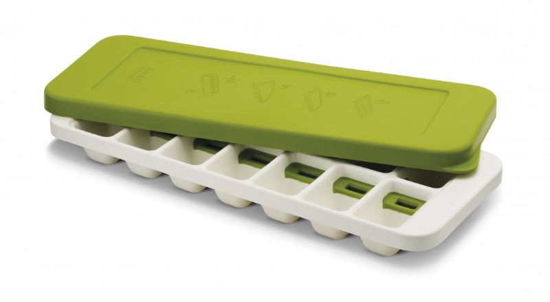 Joseph Joseph Quicksnap Plus Green ice tray with flexible lid, 14 cubes capacity, and unique switch dispensing design.