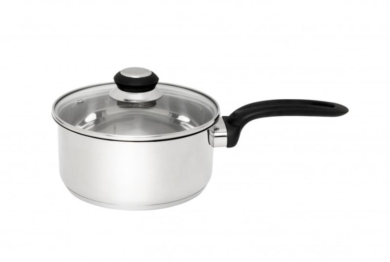 Wiltshire Classic 18cm saucepan in stainless steel with glass lid, built-in spoon rest, and compatible with all cooktops.