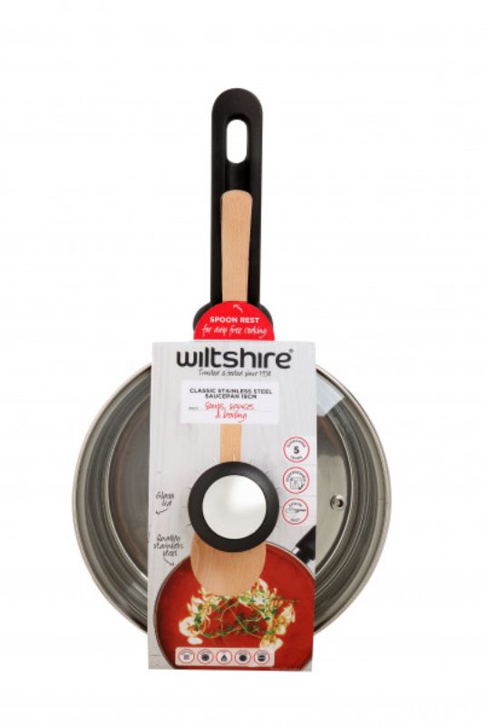 Wiltshire Classic 18cm Saucepan in stainless steel with glass lid, built-in spoon rest, and induction-compatible design.