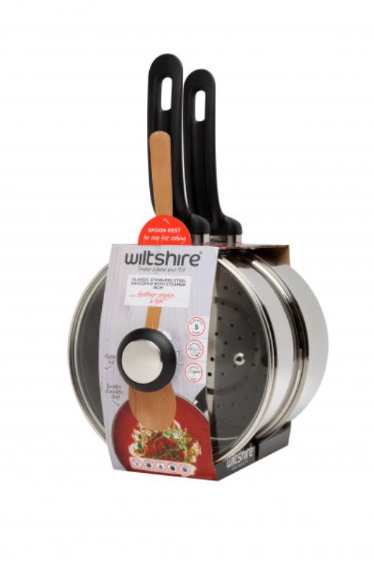 Wiltshire Classic Steam Set 18cm: stainless steel saucepan with glass lid, ideal for steaming and versatile cooking.
