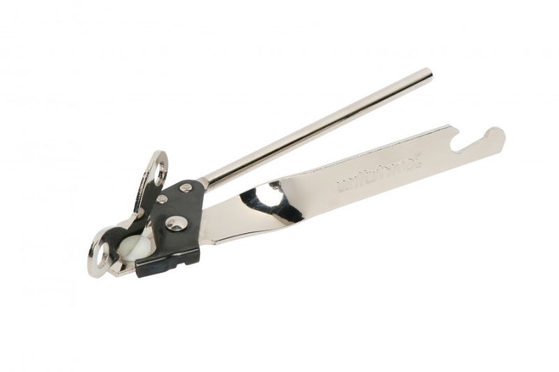 Wiltshire Can Opener Squire in stainless steel, designed for effortless can opening and easy cleanup, dishwasher safe.