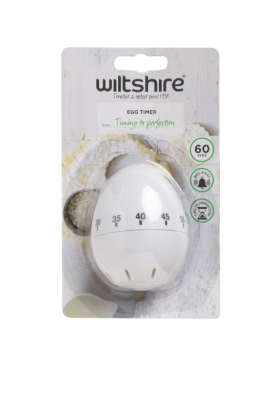 Wiltshire Egg Timer in egg shape, features easy twist setting for precise countdown up to 60 minutes, elegant kitchen accessory.