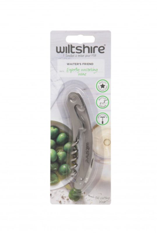 Wiltshire Waiters Friend Stainless Steel corkscrew with knife blade, foil cutter, and bottle opener for stylish drink serving.