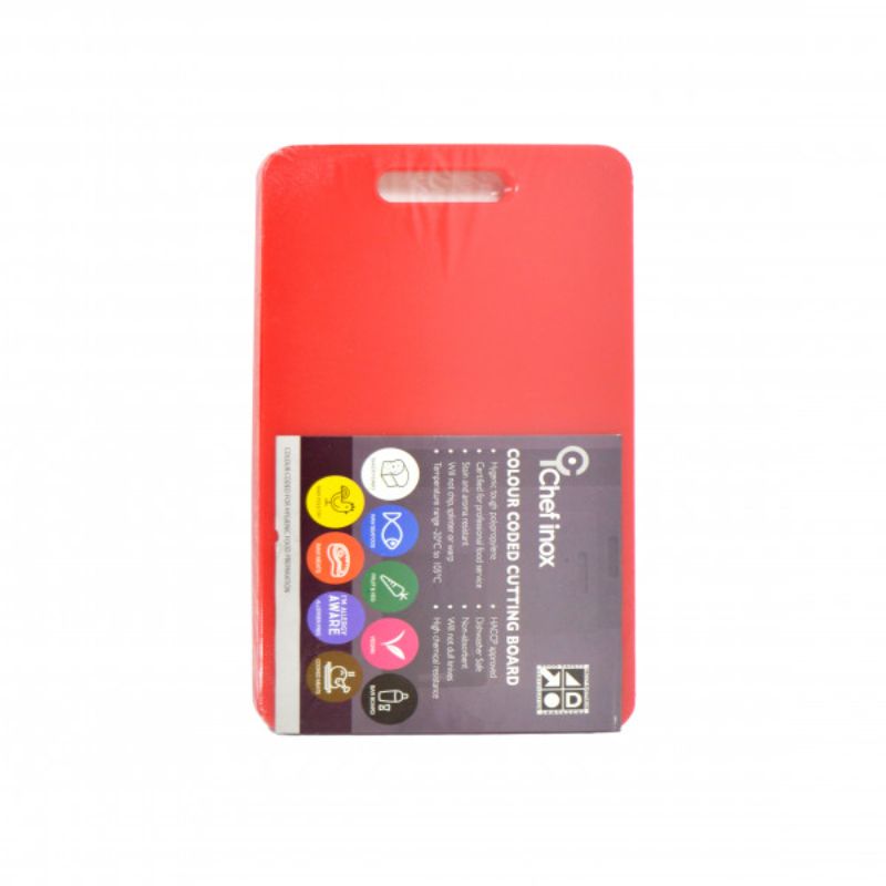 Chef Inox red polypropylene cutting board, 230x380mm, HACCP-certified, durable, stain-resistant, and ideal for safe food prep.