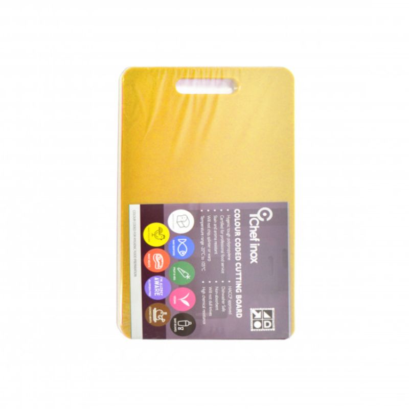 Chef Inox yellow polypropylene cutting board, 230x380x12 mm, non-absorbent, stain-resistant, safe for food prep.