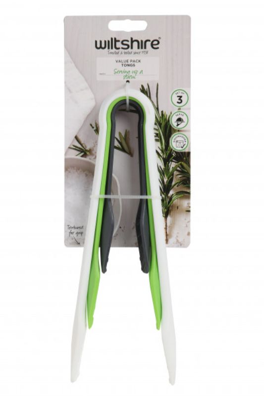 Wiltshire Tongs Set 3 features three versatile, BPA-free tongs for grilling, serving, and tossing with easy storage design.