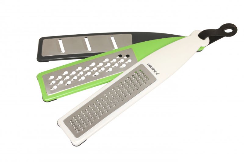 Wiltshire Grater Set 3 with three interchangeable blades for effortless grating and slicing, ergonomic design, and dishwasher-safe functionality.
