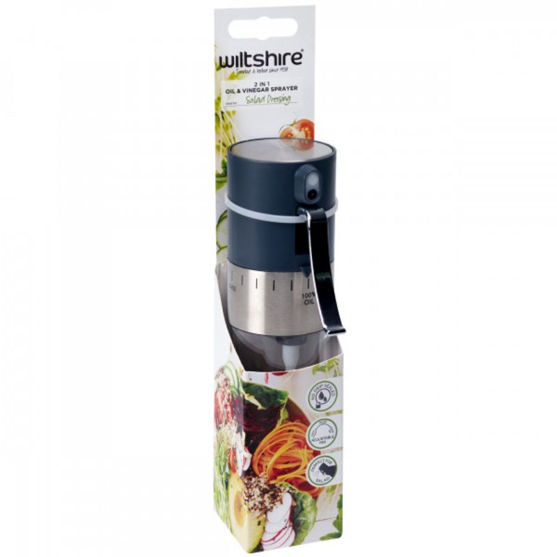 Wiltshire 2 in 1 Vinegar and Oil Sprayer with adjustable knob and no-drip seal for healthy meal prep and easy flavoring.
