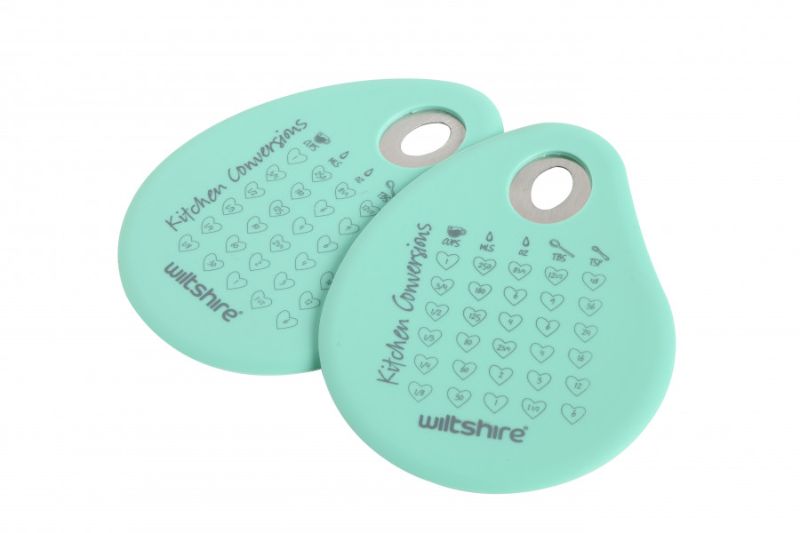 Two blue Wiltshire silicone scrapers for mixing, perfect for liquids and dry ingredients, featuring measurement conversions.