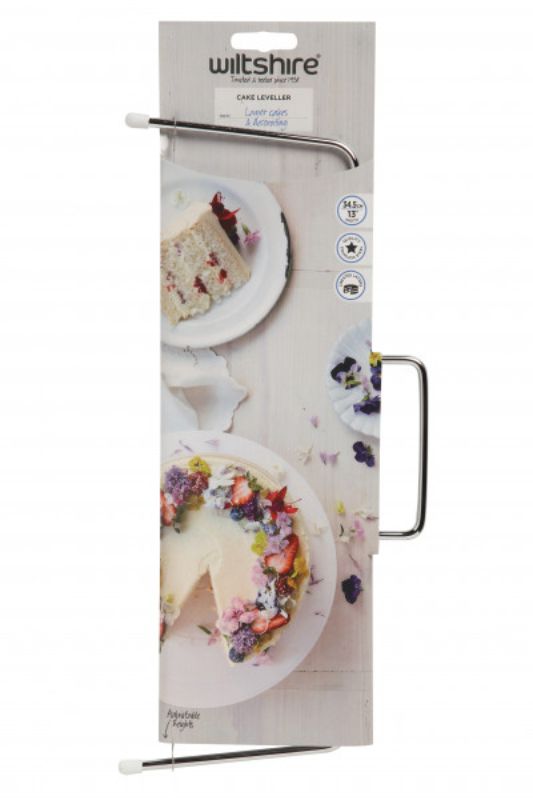 Wiltshire Cake Leveler for perfectly leveled cake layers, adjustable design for various thicknesses, lightweight and durable.