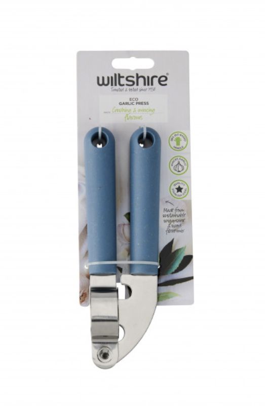 Wiltshire Eco Friendly Garlic Press with stainless steel design and bio-based handle, ideal for sustainable cooking.