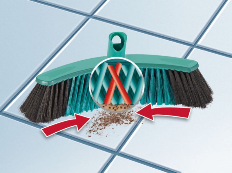 Leifheit Click System Broom Xtra Clean Collect 30cm with crescent design for efficient dirt collection on various floor types.