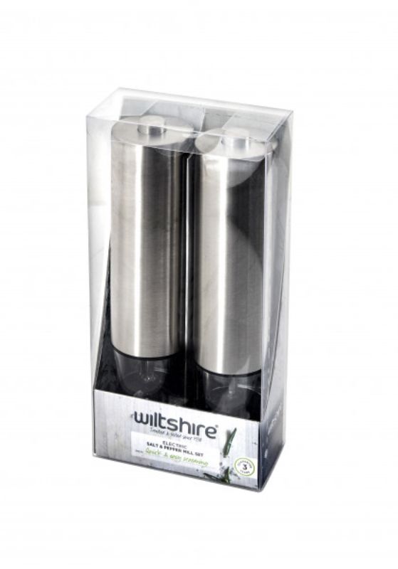 Wiltshire Electric Mill Set in stainless steel, featuring adjustable grind and built-in light for precise seasoning.