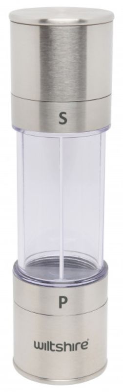 Stainless steel dual grinder for salt and pepper, featuring ceramic mechanism and clear acrylic window for easy refills.