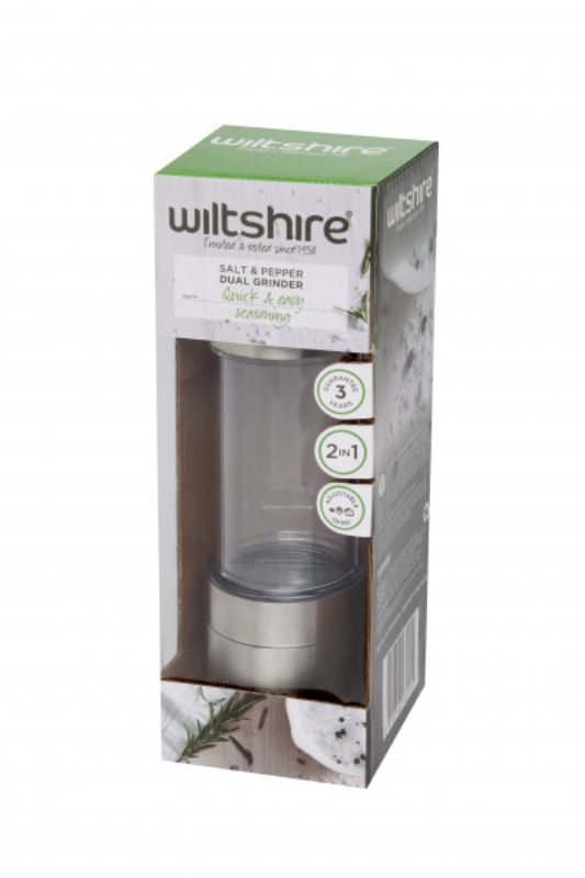 Stainless steel dual grinder for salt and pepper, featuring a ceramic mechanism, sleek design, and clear acrylic window.