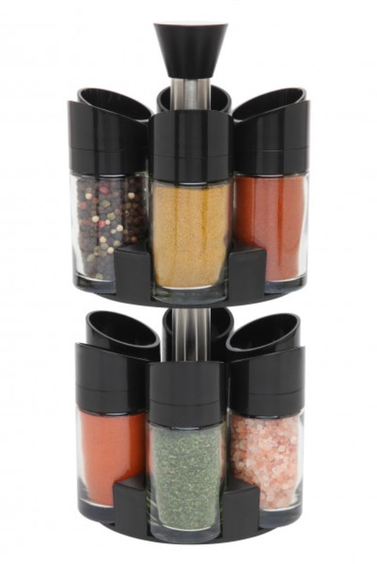 Wiltshire Salt n Pepper Spice Carousel with 13 glass jars for organized seasoning and easy access in a compact design.
