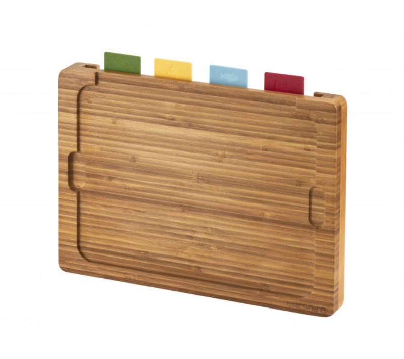 Wiltshire Eco Bamboo Multi Board with color-coded mats for safe, sustainable food preparation in an eco-friendly design.