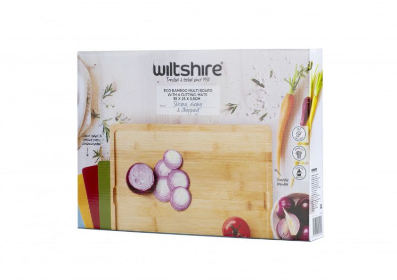 Wiltshire Eco Bamboo Multi Board with four color-coded mats for hygienic food prep and sustainable kitchen usage.