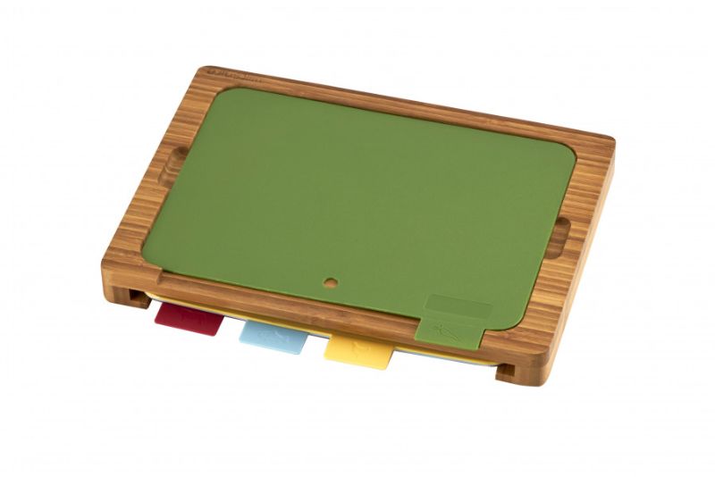 Wiltshire Eco Bamboo Multi Board with color-coded cutting mats for hygienic food prep, made from sustainable bamboo.