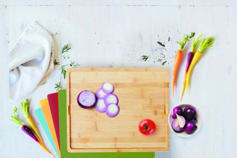 Wiltshire Eco Bamboo Multi Board with color-coded mats for hygienic food prep, crafted from sustainable bamboo.