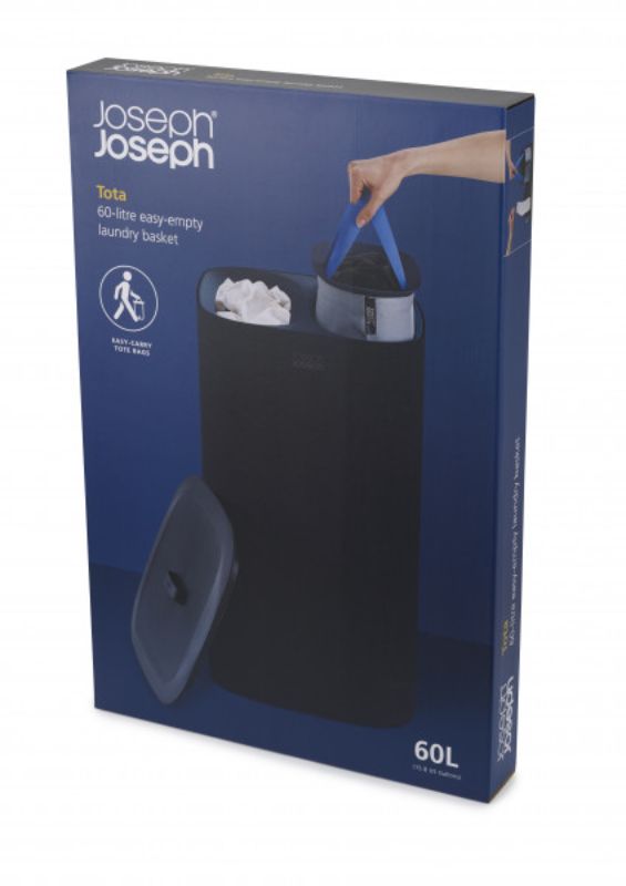Joseph Joseph Tota 60-litre laundry basket with dual compartments for separating light and dark clothes in stylish carbon black.