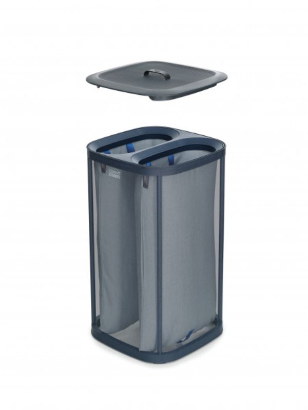 Joseph Joseph Tota 60-litre Laundry Basket in Carbon Black, featuring dual compartments for sorting light and dark fabrics.