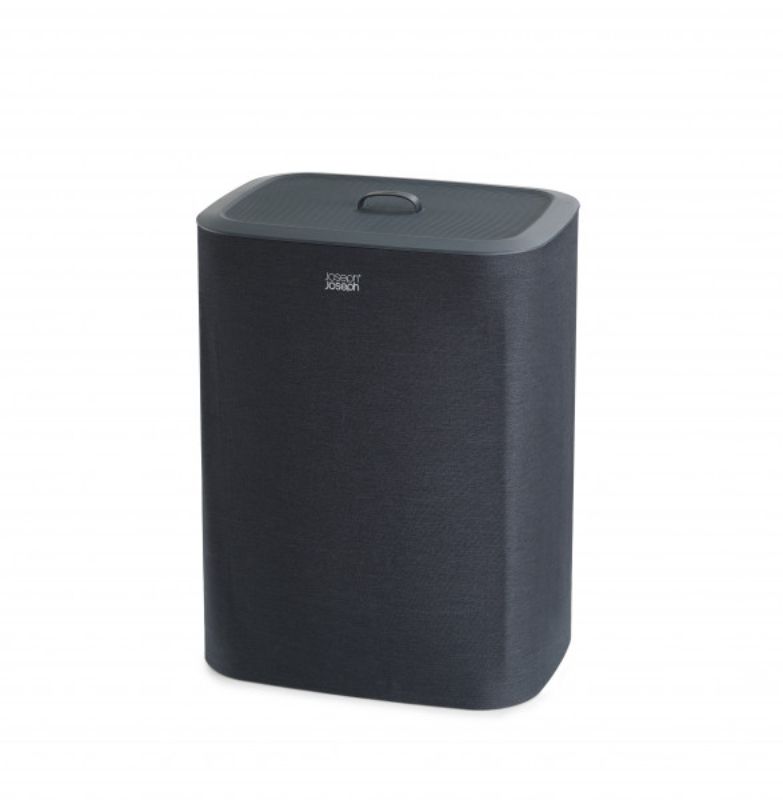 Joseph Joseph Tota 90-litre laundry basket in carbon black with dual 45-litre removable totes for easy fabric separation.
