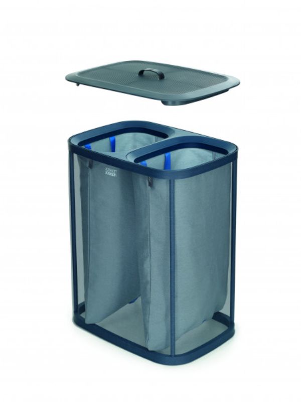 Joseph Joseph Tota 90-litre laundry basket with dual fabric totes for easy lights and darks separation in elegant carbon black.