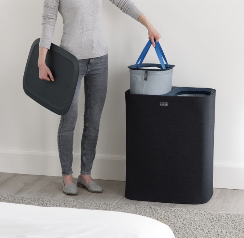 Joseph Joseph Tota 90-litre Laundry Basket in Carbon Black with dual 45-litre bags for easy lights and darks separation.