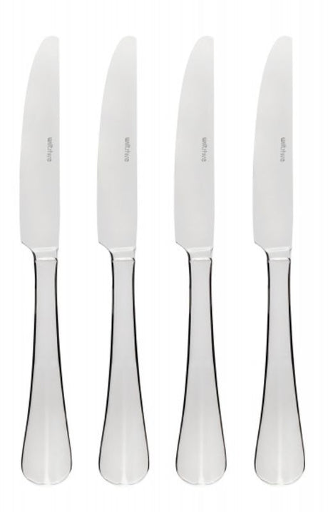 Set of 4 Wiltshire Baguette Dinner Knives in stainless steel with polished finish, perfect for elegant dining and easy cleaning.