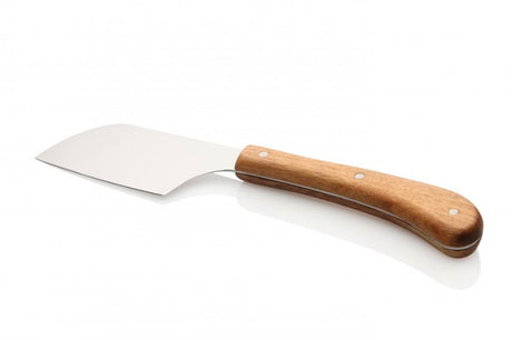 Stanley Rogers acacia mini cleaver featuring a pistol grip handle, ideal for slicing firm cheeses elegantly.