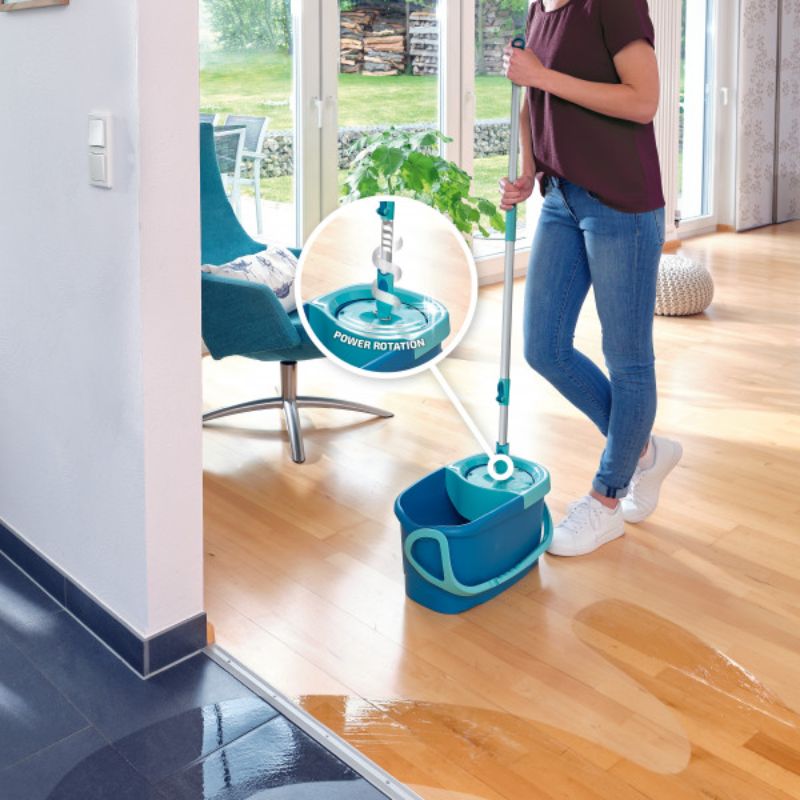 Leifheit Rotation Disc Mop Set with adjustable handle and 20L bucket for effortless floor cleaning and maintenance.
