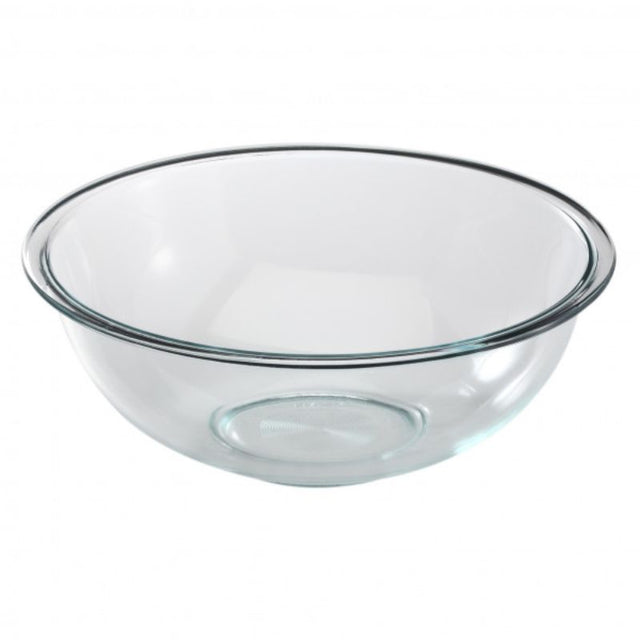 Set of 4 Pyrex Smart Essentials mixing bowls, 3.8L, durable glass, stain-resistant, space-saving design.