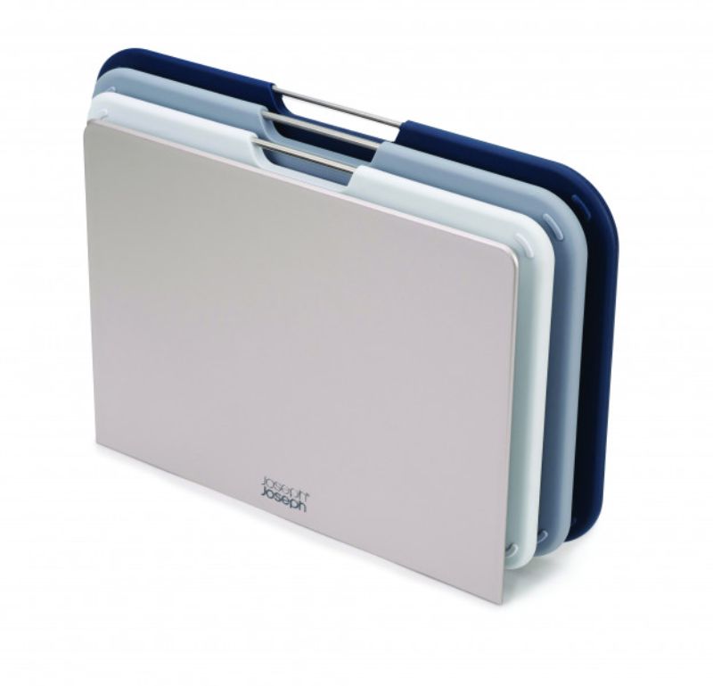 Joseph Joseph Nest Boards set in grey, featuring 3 color-coded cutting boards for food safety and organization.