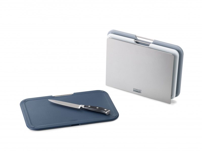 Joseph Joseph Nest Boards Set in Grey: 3 color-coded chopping boards with a sleek stand for organized kitchen prep.