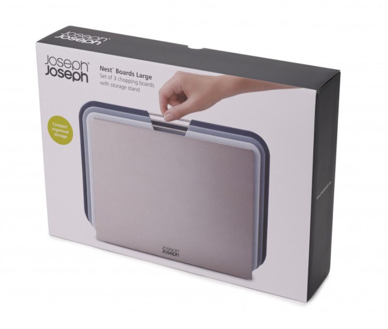 Joseph Joseph Nest Boards large 3-piece set in grey with color-coded chopping boards and stainless-steel lift bar.