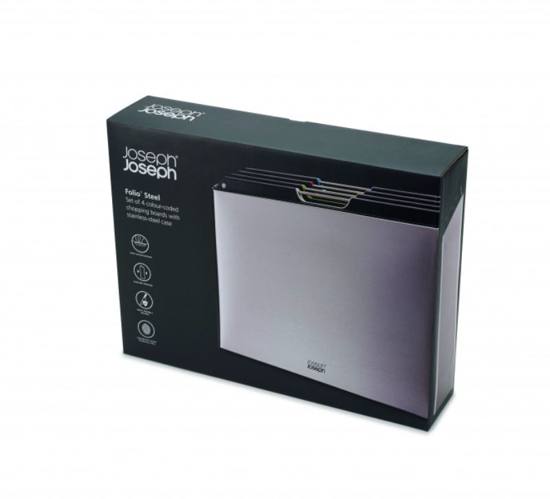 Joseph Joseph Folio Steel 4-piece chopping board set in stainless steel with color-coded boards and a sleek case.
