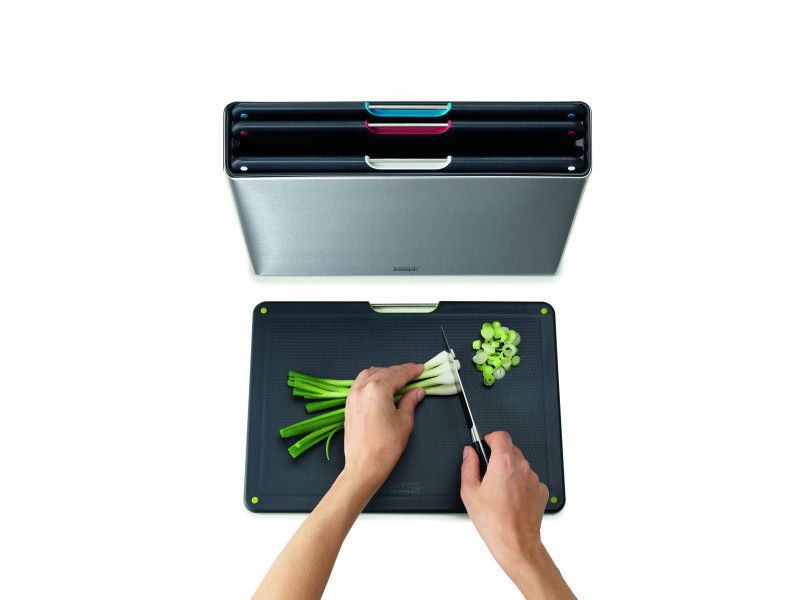 Joseph Joseph Folio Steel 4-piece set: stylish, color-coded stainless steel chopping boards in a sleek case.