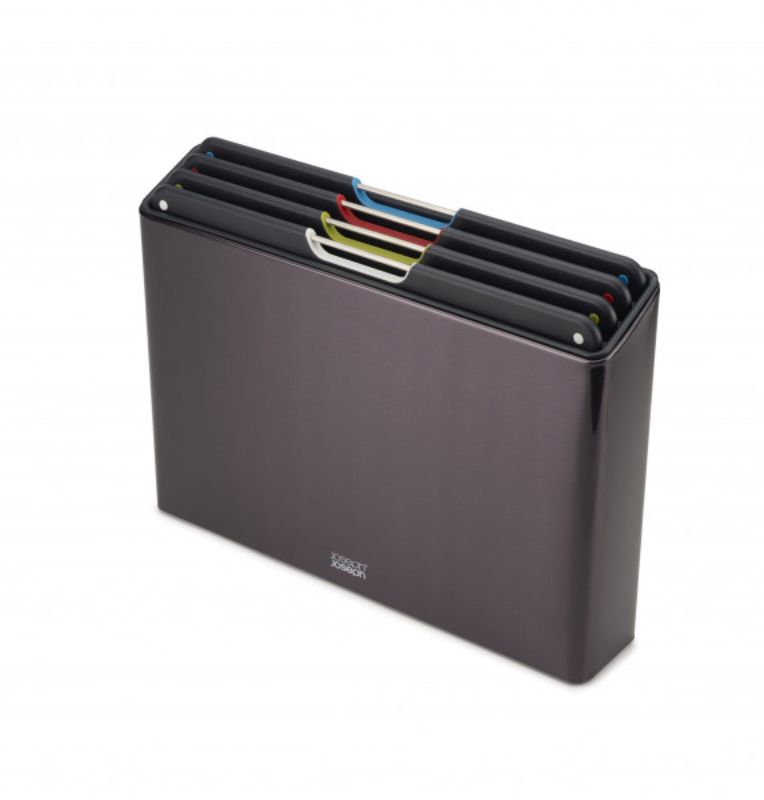 Joseph Joseph Folio Steel 4-piece chopping board set in Carbon Black with sleek case and textured boards for safe food prep.